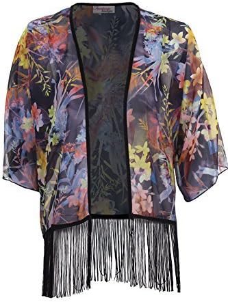 Ladies 3/4 Sleeve Open Front Floral Print Chiffon Translucent Women's Kimono [Print 2, UK 10]