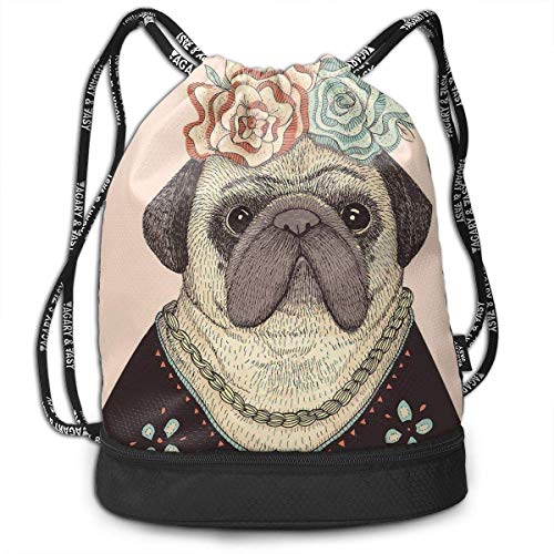 RAINNY Multipurpose Drawstring Bag for Men & Women - Funny Pug with Frida Kahlo Dog Floral Mexican Art Cinch Backpack Tote Sack Large Storage Sackpack for Gym Travel Hiking