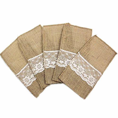 V-Dragon 10,2 x 20,3 cm natur Jute Sackleinen Jute Spitze Besteck Halter Pouch Bag Rustikal Hochzeit Bankett Party Decor braun