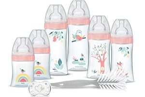 Dodie Kit Naissance - 6 Biberons Anti-Colique Tétines Plates (2x150 mL, 2x270 mL, 2x330 mL), 1 Sucette Anatomique 0-2 Mois, 1 Goupillon - Sans BPA - Rose