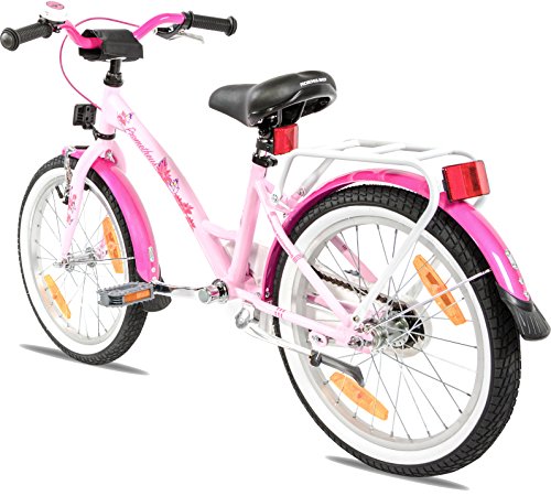 PROMETHEUS Kinderfahrrad 18 Zoll Mädchen in Rosa Lila & Weiß mit Gepäckträger, Aluminium Seitenständer | V-Brake und Rücktrittbremse | ab 6 Jahren | 18″ Classic Edition 2017 - 6