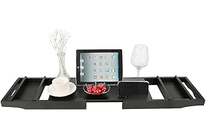 BUTUN Plateau Baignoire, Pont de Baignoire en Bambou Extensible 70-105cm, Planche Bain Baignoire avec Support pour iPad/Téléphone et Autres Accessoires (Noir)