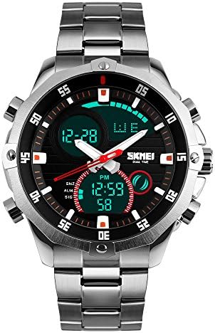 Men's Fashion Multifunction Army Military Waterproof Chronograph Stainless Steel Bracelet Watch with Dual Time Display Stopwatch Auto Date Digital Wristwatch (Silver)