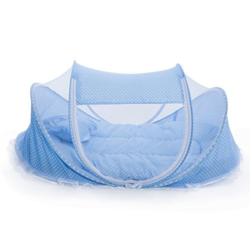 Yaying Foldable Portable Baby Crib 4 in 1 Infant Cradle Bed Mosquito Insect Net with Cotton-padded Mattress Pillow Pop Up Tent (Blue)