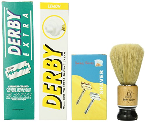 Shaving Factory SF316 Double Edge Safety Razor/ Shaving Factory Hand Made Shaving Brush L Derby Shaving Cream Lemon Scent and Derby Extra Double Edge Razor Blades Gift Set for Men