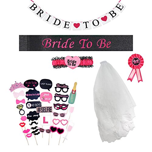 Almondcy Braut zu Schleier Schärpe Banner Strumpfband Rosette Badge Zubehör Kit mit lustigen Foto Booth Props 30pcs für Henne Nacht Party und Hochzeit Dekorationen (35 Stück)