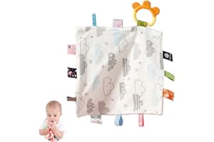 HECCEI Baby Tags Security Blankets - Baby Soothing Plush Blanket with Colorful Tags, Square Sensory Taggy, 10 x 10 inches, for 3-12 Months Babies