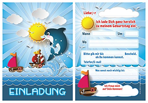 12 Einladungskarten zum Kindergeburtstag für Jungen und Mädchen mit Motiv „Delfin“ / schöne und bunte Einladungen zum Geburtstag für Jungen und Mädchen „Delfin“ - 4