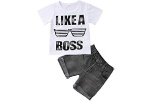 Geagodelia 2 Pezzi Completo Bambino Estivo Vestito a Manica Corta con Stampa Alfabetica+Calzoncini in Denim Nero