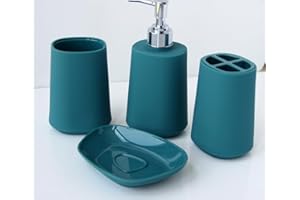 Fingey Modern Design 4 Piece Bathroom Accessory Set, Soap Dish, Tooth Brush Holder, Soap Dispenser, Rinse Cup (Teal)