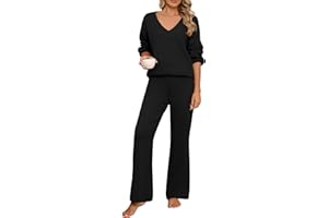 CMTOP Tuta Donna Elegante Completo 2 Pezzi Pigiama Invernale Autunno Casa Scollo a V Tailleur in Maglia Maniche Lunghe Pullover Top Elastico Vita Pantaloni a Gamba Larga Set Sportive
