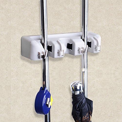 Mop and Broom Holder, Multi-Purpose Wall Mounted Tool Organizer Storage Hooks - 3 Position with 4 Hooks Holds Up to 7 Tools- to Put Cleaning Tools&amp; Hardware Tools&amp; Sports Equipment&amp; Kitchenware for Kitchen/ Garden/ Garage/ Bathroom/ Office by Longju (3 hang 4 hooks)