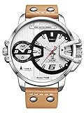 Alienwork Herren-Armbanduhr Quarz Silber mit Lederarmband braun Kalender Datum Weiss XXL Oversized