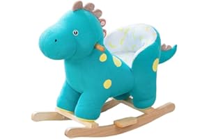 Caballito balancín de Peluche Azul con Base de Madera en Forma de Dinosaurio con Asiento con cinturón de Seguridad Asas de Madera y música para bebés Desde 18 Meses Corny ATAA Toys
