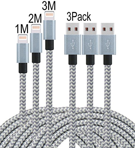 PeziMu iPhone Kabel Nylon, Geflochtenen USB Kabel für iPhone7 / 7plus / 6s / 6 plus, iPhone SE, iPhone 5s 5c 5, iPad, iPod - (1+2+3)M (Grau Weiß)
