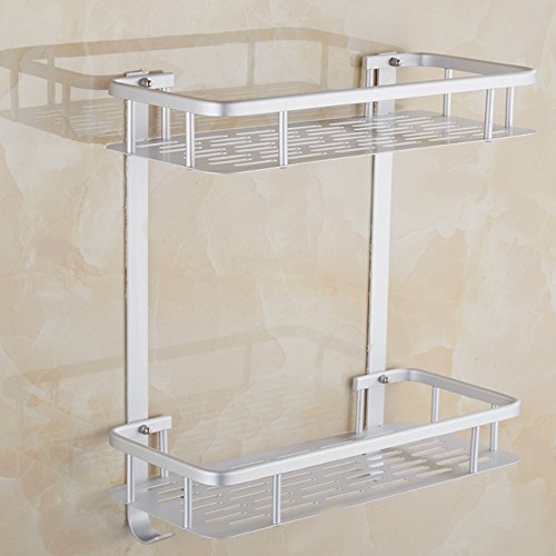 Swallowzy Kein Bohren Badezimmer Regal, haltbares Aluminium Sticky Regal Dusche Lagerung Handtuch Wandhalterung Regal Dusche Caddy Regal Storage Rack Corner Shampoo Korb-Halter mit Haken, Style B 2 Tier - 6