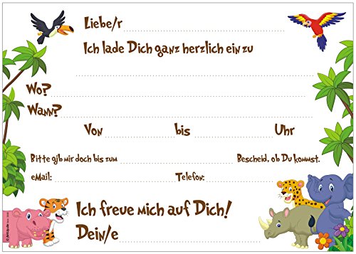 12 lustige Dschungel Safari Einladungskarten zum Kindergeburtstag mit fröhlichen Tieren im Urwald Geburtstagseinladungen Einladungen Geburtstag Kinder Jungen Mädchen Einladungstext Vorlagen Karten Set - 2
