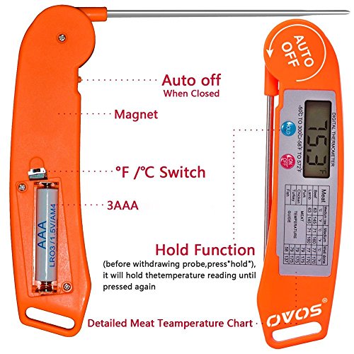 OVOS Ultra Schnelles Koch-Thermometer – Digitales Thermometer mit einklappbaren Stiel für alle flüssigen oder festen Nahrungsmittel geeigent – Fleischthermometer für Grill, Pfanne und Backofen (orange) - 5