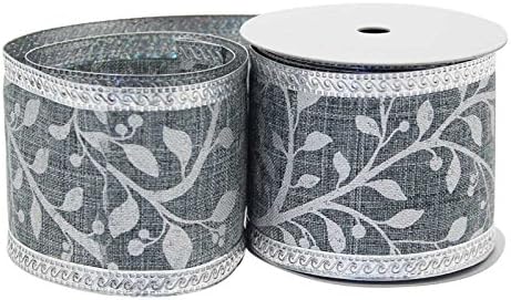 Silver Grey Metallic Leaf Design Textured Swirl Christmas Ribbon x 2 Metres
