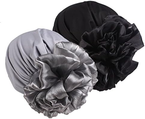 Women Beanie Hat Elastic Soft Big Flower Chemo Cap Scarf Turban Head Wrap for Hair Loss,Sleep,Hair Protection 2 Pack Black/Gray