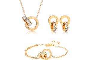 Gkaopi Jewellery Set for Women Girls 18K Gold Plated Stainless Steel Necklace Bracelet and Stud Earrings Set Roman Numerals Circle Zircon Pendant Adjustable Elegant Jewellery