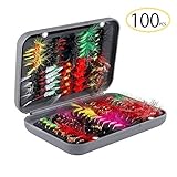 Fliegenfischen Fliegen Lure Kit – 100 handgefertigt Wet Dry Fliegen Streamer Nymphe Emerger Fliegen lockt Köder Haken für Bass-trouts lachs Fliegen Angeln mit wasserdicht Fly Box
