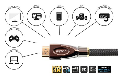 Python Series High-Speed-HDMI Anschlusskabel mit Ethernet – 4K2K / UHD / Ultra HD / Full HD – einseitig gewinkelt – OFC, 3D-Unterstützung, Dreifachschirmung, Nylongeflecht, schwarz, 2 m - 3