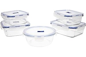 Luminarc Pure Box Active zestaw 5 pojemników na żywność ze szkła, bardzo wytrzymałe, nie zawierają BPA, z zaworem mikrofalowym, przezroczyste