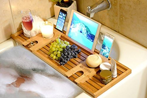 Bathtub Tray Bamboo Bathtub Caddy, Wooden Bathroom Rack, Over The Tub Storage Tray, Bathtub Caddy with Wine Rack and iPad Holder/Book Rest.