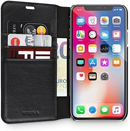 wiiuka Genuine Leather Case TRAVEL AWAY for Apple iPhone X Wallet Design Black with Card Holder - Slim Premium Flip Cover