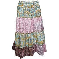 Mogul Interior Women's 2 in 1 Skirts Printed Dress Pink High Waist Silk Sari Boho S/M