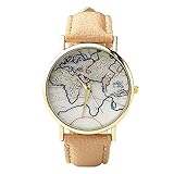 JSDDE Uhren,Weltkarte Analog Quarzuhr Herren Damen Armbanduhr PU Lederarmband Uhr,Beige