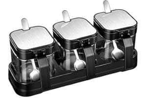 BOZAAP Set di scatole per condimenti in Vetro, Contenitore per condimenti in Vetro per condimenti con Coperchio Cucchiaio e Base Zuccheriere salvaspazio Barattolo per spezie per Gadget da