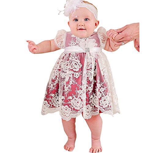 dressvip Red Christening Baptism Newborn Embroidered Satin Lace and Ribbon Dress (3-6months)