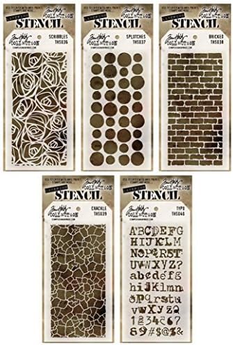 Tim Holtz - Early 2015 Release - Stencils Set 2 - Scribbles, Splotches, Bricked, Crackle & Typo - 5 Item Bundle by Cardmaking Essentials