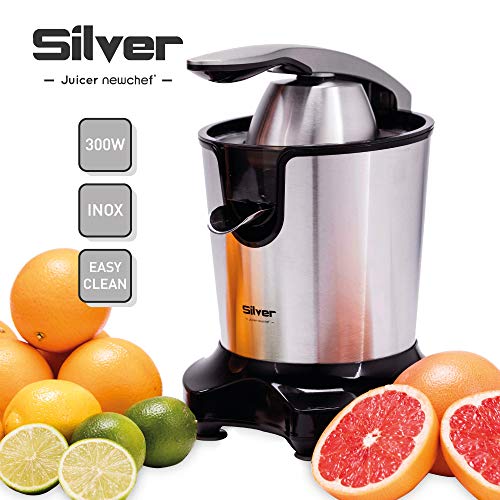 NEW CHEF - Exprimidor Eléctrico de Naranjas y Cítricos Juicer Silver Negro, 300W, Doble Cono, Boquilla Antigoteo e Interruptor de Presión Inteligente. Exprimidor Zumo Desmontable y Fácil de Limpiar