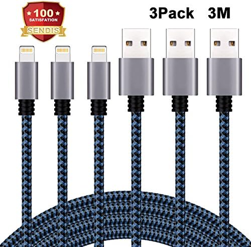 iPhone Charger Cable, SENDIS 3Pack 10ft/3M iPhone Cable Nylon Braided Lightning Cable Extra Long Syncing and Charging Cable for iPhone 8/8 Plus/X/7/7 Plus/6/ 6 Plus/ 6s, iPad and More