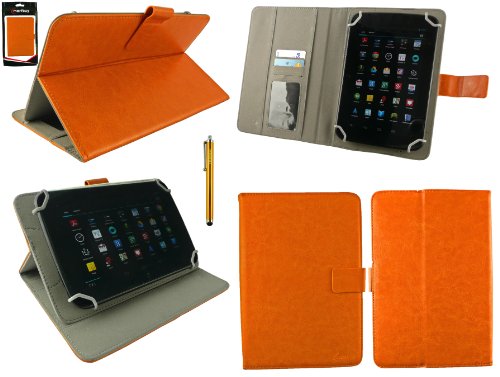 Emartbuy Winnovo M798 4G Tableta PC 7.85 Pulgadas Universal Range Naranja Ángulo Múltiples Ejecutivo Folio Funda Carcasa Wallet Case Cover con Ranuras para Tarjetas+ Oro Lápiz Óptico