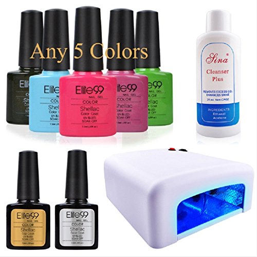 Elite99 Manicure Starter Kit Pick Any 5 Colours Gel Nail Polish 7.3ml + Top & Base Coat + Cleanser Plus + 36W UV Lamp