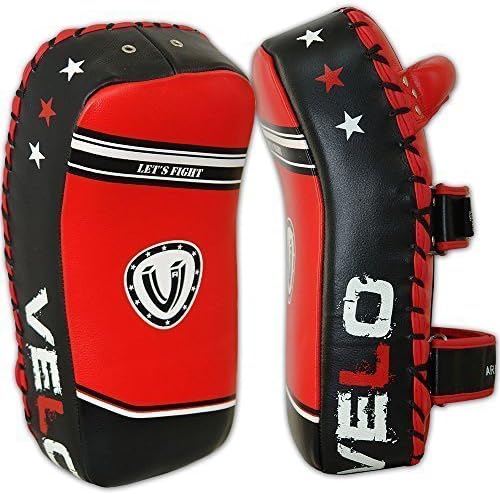 VELO Curved Leather Arm Pad Thai Kick Boxing Strike MMA Focus Muay Punch Shield Brn (Single Item)