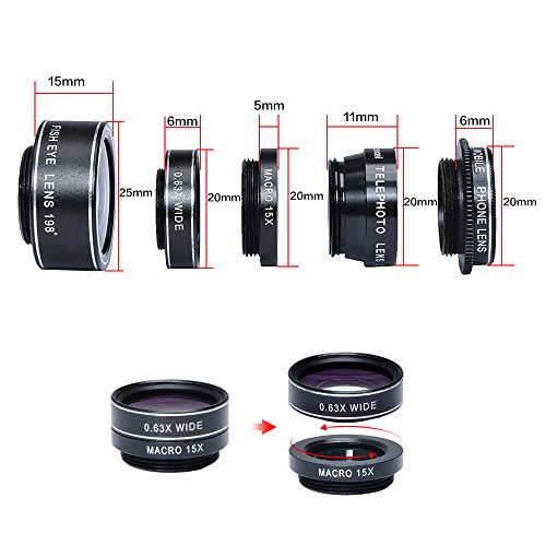 Yorbay 5 in 1 Kamera Objektiv Lens Kits(198 Grad Fisheye Objektiv, 0,63X Weitwinkelobjektiv, 15X Makro Objektiv, 2X Teleskop-Lens, CPL Polfilter), mit Clip-on Adapter, fÃ¼r Handys, Smartphones