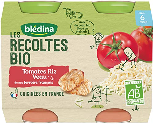 Blédina Les Récoltes Bio 12 petits pots Tomates Riz Veau dès 6 mois 2 x 200 g (Pack de 6x2 pots)