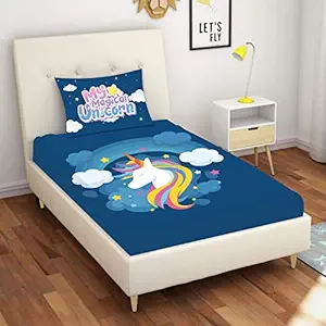 Hopcara Kids 250TC Velvet Designer Modern My Unicorn Printed Single Bedsheet (65x100 Inches) with 1 Matching Pillow Cover