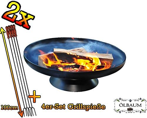 Pack of 2 x Robust Large Fire Bowl 60 cm Diameter Includes Standfestem Stand/Ring Geschweisst Outdoor Range – BBQ, Grill, Campfire, Romantic Garden Lighting Style Lighting Complete with Four Skewers