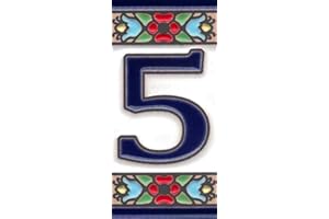 TORO DEL ORO Números para casas. Números y Letras en cerámica esmaltada, Pintados a Mano con la técnica de la cuerda seca. Nombres y direcciones. Mini Flor Azul 3,5 cms x 7,5 cms (Número cinco "5")