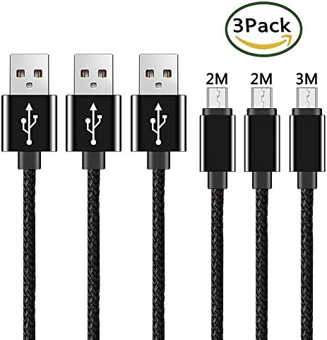Micro USB Cable, [3 Pack] 2M+2M+3M Extra Long Cord Nylon Braided Android Cables for Samsung Galaxy, Samsung S6/S7, Samsung Note 4/5, Nexus, LG, Sony, HTC, Motorola, Kindle, Nokia and More, Black