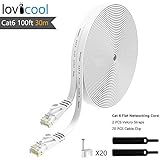 Cat6 Internet Cable Lovicool Cat 6 Flat Ethernet Network Cable 100 ft Networking Cord RJ45 Connector LAN 250MHz Speed Gigabit White Computer Cable 30m