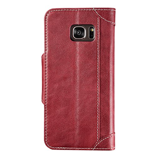 Funda Galaxy S7  Lensun Funda de Cuero Genuino con Cartera para Tarjetas y Cierre Magnetico para Samsung Galaxy S7 5 1  - Rojo Vino  S7-GT-WR 