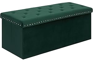 Bonlife Terciopelo Lujo Taburetes Plegables Almacenaje con Remaches,Baúl Puff para Juguetes Dormitorio,Banco para Entrada de Pasillo,Verde,110x38x38cm