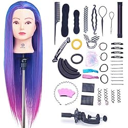 Cabeza de Maniquí, SIGHTLING 66cm/26" 100% Cabello Sintético Practicas Formación Muñeca de la Cosmetología práctica maniquí muñeca para Peluquería con Soporte + Accesorios de Peinado DIY